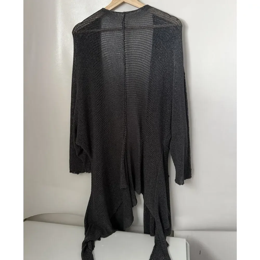 Boho Lagenlook Chain Mail Gray Knit Sweater Asymmetrical Artsy Cardigan L/XL